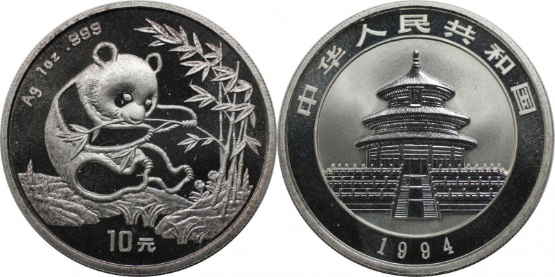 Weltmünzen und Medaillen, China. China Panda. 10 Yuan 1994, Silber. KM A623. Pol...