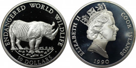 Weltmünzen und Medaillen, Cookinseln / Cook Islands. Gefährdete Weltwildleben-Reihe - Spitzmaulnashorn. 50 Dollars 1990. 19,40 g. 0.925 Silber. 0.58 O...
