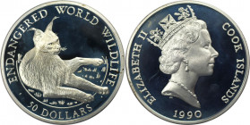 Weltmünzen und Medaillen, Cookinseln / Cook Islands. Gefährdete Weltwildleben-Reihe - Luchs. 50 Dollars 1990. 19,40 g. 0.925 Silber. 0.58 OZ. KM 54. P...