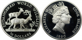 Weltmünzen und Medaillen, Cookinseln / Cook Islands. Gefährdete Weltwildleben-Reihe - Gazellen. 50 Dollars 1990. 19,20 g. 0.925 Silber. 0.58 OZ. KM 20...