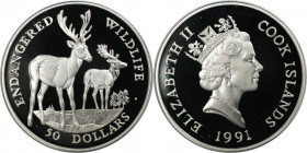 Weltmünzen und Medaillen, Cookinseln / Cook Islands. Gefährdete Weltwildleben-Reihe - Damhirsch. 50 Dollars 1991. 19,20 g. 0.925 Silber. 0.58 OZ. KM 1...