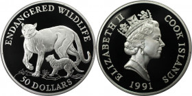 Weltmünzen und Medaillen, Cookinseln / Cook Islands. Gefährdete Weltwildleben-Reihe - Puma. 50 Dollars 1991. 19,20 g. 0.925 Silber. 0.58 OZ. KM 125. P...