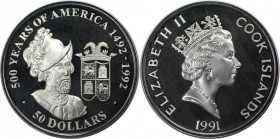 Weltmünzen und Medaillen, Cookinseln / Cook Islands. Serie: 500 Jahre Amerika - Francisco Pizarro. 50 Dollars 1991. 31,10 g. 0.925 Silber. 0.92 OZ. KM...