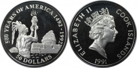 Weltmünzen und Medaillen, Cookinseln / Cook Islands. Serie: 500 Jahre Amerika - Azteken Priester. 50 Dollars 1991. 31,10 g. 0.925 Silber. 0.92 OZ. KM ...