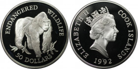 Weltmünzen und Medaillen, Cookinseln / Cook Islands. Gefährdete Wildtiere - Gorilla. 50 Dollars 1992. 19,20 g. 0.925 Silber. 0.57 OZ. KM 264. Polierte...