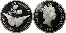 Weltmünzen und Medaillen, Cookinseln / Cook Islands. Gefährdete Wildtiere - Schmetterling und Distel. 50 Dollars 1992. 19,20 g. 0.925 Silber. 0.58 OZ....