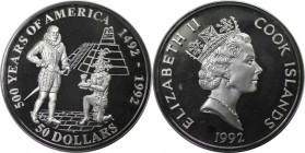 Weltmünzen und Medaillen, Cookinseln / Cook Islands. Serie: 500 Jahre Amerika - Pedro de Alvarado und Azteke. 50 Dollars 1992. 31,10 g. 0.925 Silber. ...
