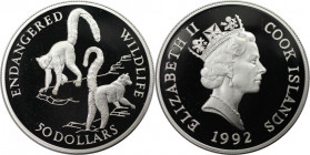 Weltmünzen und Medaillen, Cookinseln / Cook Islands. 2 Kattas / Halbaffen. 50 Dollars 1992. 19,20 g. 0.925 Silber. 0.57 OZ. KM 262. Polierte Platte. M...