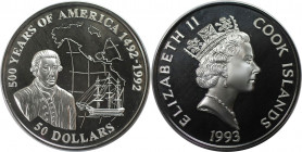 Weltmünzen und Medaillen, Cookinseln / Cook Islands. Serie: 500 Jahre Amerika - George Vancouver. 50 Dollars 1993. 31,10 g. 0.925 Silber. 0.93 OZ. KM ...