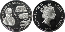 Weltmünzen und Medaillen, Cookinseln / Cook Islands. Serie: 500 Jahre Amerika - Sir Martin Frobisher. 50 Dollars 1993. 31,10 g. 0.925 Silber. 0.93 OZ....