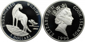 Weltmünzen und Medaillen, Cookinseln / Cook Islands. Gefährdete Weltwildleben-Reihe - Gepard. 5 Dollars 1996. 31,47 g. 0.925 Silber. 0.94 OZ. KM 269. ...