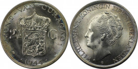 Weltmünzen und Medaillen, Curaçao. Wilhelmina (1890-1948). 2-1/2 Gulden 1944. 25,0 g. 0.720 Silber. 0.58 OZ. KM 46. Stempelglanz
