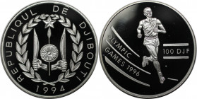 Weltmünzen und Medaillen, Dschibuti / Djibouti. Serie Olympische Spiele 1996 - Läufer. 100 Francs 1994. 31,47 g. 0.925 Silber. 0.94 OZ. KM 30. Poliert...