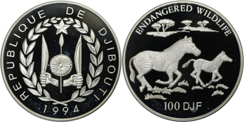 Weltmünzen und Medaillen, Dschibuti / Djibouti. Zebras. 100 Francs 1994. 31,47 g...