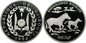 Weltmünzen und Medaillen, Dschibuti / Djibouti. Zebras. 100 Francs 1994. 31,47 g. 0.925 Silber. 0.94 OZ. KM 32. Polierte Platte