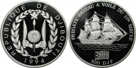 Weltmünzen und Medaillen, Dschibuti / Djibouti. Bootsfregatte. 100 Francs 1994. 31,47 g. 0.925 Silber. 0.94 OZ. KM 31. Polierte Platte