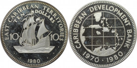 Weltmünzen und Medaillen, East-Caribbean. 10. Jahrestag der karibischen Entwicklungsbank. 10 Dollars 1980. 28,28 g. 0.925 Silber. 0.84 OZ. KM 8a. Poli...