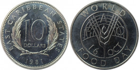 Weltmünzen und Medaillen, East-Caribbean. Welternährungstag. 10 Dollars 1981, Kupfer-Nickel. KM 16. Stempelglanz