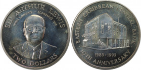 Weltmünzen und Medaillen, East-Caribbean. 10. Jahrestag der Ostkaribischen Zentralbank - Sir Arthur Lewis. 2 Dollars 1993, Kupfer-Nickel. KM 24. Stemp...