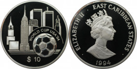 Weltmünzen und Medaillen, East-Caribbean. Fußball-WM 1994 in den USA. 10 Dollars 1994. 31,47 g. 0.925 Silber. 0.94 OZ. KM 27. Polierte Platte. Leicht ...