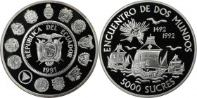 Weltmünzen und Medaillen, Ecuador. Serie "Treffen zwischen zwei Welten" - Karavellen von Christoph Kolumbus. 5000 Sucres 1991. 27,0 g. 0.925 Silber. 0...
