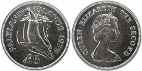 Weltmünzen und Medaillen, Falklandinseln / Falkland islands. Buckelwal. 5 Pounds 1979. 28,28 g. 0.925 Silber. 0.84 OZ. KM 11. Stempelglanz