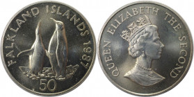 Weltmünzen und Medaillen, Falklandinseln / Falkland islands. 25 Jahre WWF - Königspinguin. 50 Pence 1987. Kupfer-Nickel. KM 25. Stempelglanz