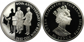 Weltmünzen und Medaillen, Falklandinseln / Falkland islands. 40. Jahrestag der Thronbesteigung / Regierungsjubiläum. 50 Pence 1992. 28,28 g. 0.925 Sil...