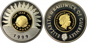 Weltmünzen und Medaillen, Guernsey. Millennium. 5 Pounds 1999 & Pound 2000. KM 86, 87. Polierte Platte, besteht aus zwei teilen