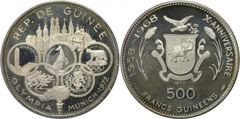 Weltmünzen und Medaillen, Guinea. "Olympische Spiele München 1972". 500 Francs 1...