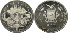 Weltmünzen und Medaillen, Guinea. "Olympische Spiele München 1972". 500 Francs 1970. 29,08 g. 0.999 Silber. 0.93 OZ. KM 15. Polierte Platte