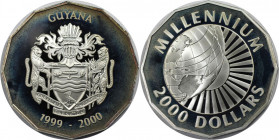 Weltmünzen und Medaillen, Guyana. Millennium. 2000 Dollars 1999. 28,28 g. 0.925 Silber. 0.84 OZ. KM 53. Polierte Platte