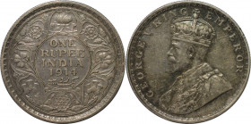 Weltmünzen und Medaillen, Indien / India. British Indien. George V. (1910-1936). 1 Rupee 1914, Silber. KM 524. Stempelglanz. Berieben. Kratzer