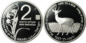 Weltmünzen und Medaillen, Israel. Wildleben - Bock und Lilie. 2 New Sheqalim 1992. 28,80 g. 0.925 Silber. 0.86 OZ. KM 232. Polierte Platte