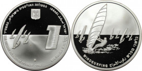 Weltmünzen und Medaillen, Israel. 1. Olympiasieg für Israel - Surfen. 1 New Sheqel 2004. 14,40 g. 0.925 Silber. 0.43 OZ. KM 383. Proof Like