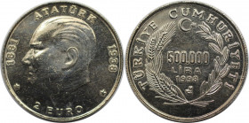 Weltmünzen und Medaillen, Türkei / Turkey. 60. Todestag von Mustafa Kemal Atatürk. 500000 Lira 1998, Kupfer-Nickel. KM 1138. Vorzüglich-stempelglanz...