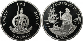 Weltmünzen und Medaillen, Vanuatu. Pedro Fernandez de Quiros. 50 Vatu 1992. 31,47 g. 0.925 Silber. 0.94 OZ. KM 12. Polierte Platte