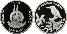 Weltmünzen und Medaillen, Vanuatu. Santo - Grünkopfliest. 20 Vatu 1994. 20,0 g. 0.500 Silber. 0.59 OZ. KM 20. Polierte Platte