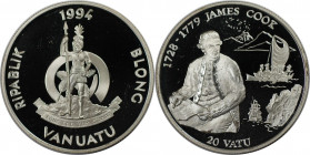 Weltmünzen und Medaillen, Vanuatu. James Cook. 20 Vatu 1994. 20,0 g. 0.500 Silber. 0.32 OZ. KM 19. Polierte Platte