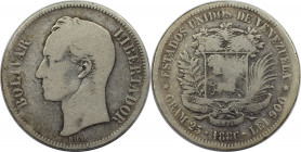Weltmünzen und Medaillen, Venezuela. Republik seit 1830. 5 Bolívares (Gram.25) 1886. Silber. Schön