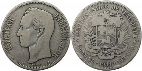 Weltmünzen und Medaillen, Venezuela. Republik seit 1830. 5 Bolívares (Gram.25) 1911. Silber. Schön