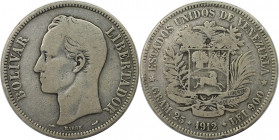 Weltmünzen und Medaillen, Venezuela. Republik seit 1830. 5 Bolívares (Gram.25) 1912. Silber. Schön