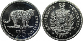 Weltmünzen und Medaillen, Venezuela. Jaguar. 25 Bolivares 1975. 28,28 g. 0.925 Silber. 0.84 OZ. KM Y# 46. Stempelglanz. Winz.Kratzer. Patina