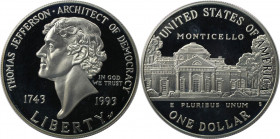 Weltmünzen und Medaillen, Vereinigte Staaten / USA / United States. 250. Geburtstag von Thomas Jefferson. 1 Dollar 1993 S. 26,73 g. 0.900 Silber. 0.77...
