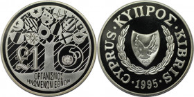 Weltmünzen und Medaillen, Zypern / Cyprus. 50 Jahre Vereinte Nationen. 1 Pound 1995. 28,28 g. 0.925 Silber. 0.84 OZ. KM 69a. Polierte Platte