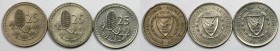 Weltmünzen und Medaillen, Zypern / Cyprus, Lots und Sammlungen. 3 x 25 Mils 1976-1978. Lot von 3 Münzen. Kupfer-Nickel. Bild ansehen Lot