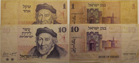 Banknoten, Israel. 10 Lirot 1973, P.039a, 1 Sheqel 1978, P.043a. 2 Stück. III