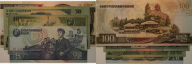 Banknoten, Korea Nord / North Korea. 5 Won 1998, P.40, 10 Won 1988, P.29, 50 Won 1988, P.30,100 Won 1992, P.43. 4 Stück. UNC, I-III