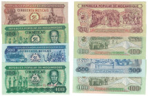 Banknoten, Mosambik / Mozambique, Lots und Sammlungen. 50 Meticais 1980. Pick 0125. II, 100 Meticais 1980. Pick 0126. II, 100 Meticais 1983. P.130. I,...