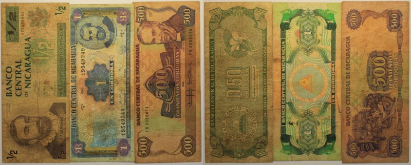 Banknoten, Nicaragua. 1/2 Cordoba 1990, P.173, 1 Cordoba 1992, P.172, 500 Cordob...